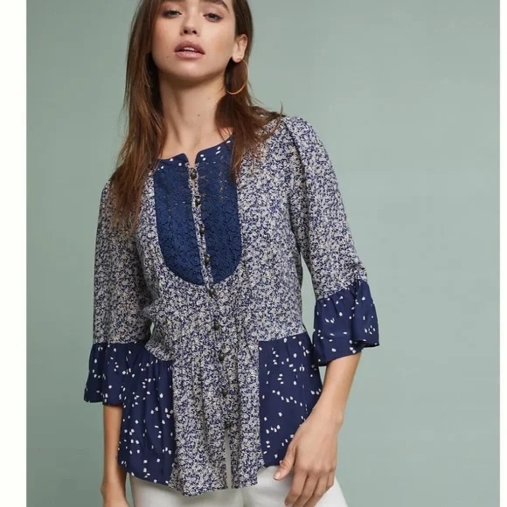 Maeve Anthropologie Hiver Blue Peasant Blouse Lace Bell Sleeve Regencycore Boho